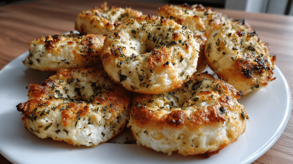 Golden brown garlic herb cottage cheese bagel bites arranged on white plate with fresh herbs garnish