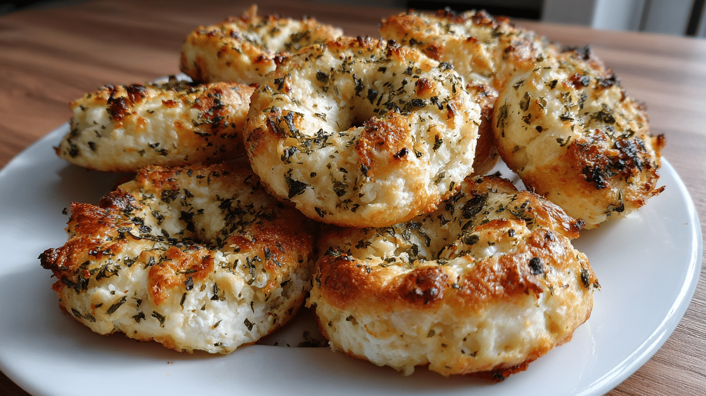 Golden brown garlic herb cottage cheese bagel bites arranged on white plate with fresh herbs garnish