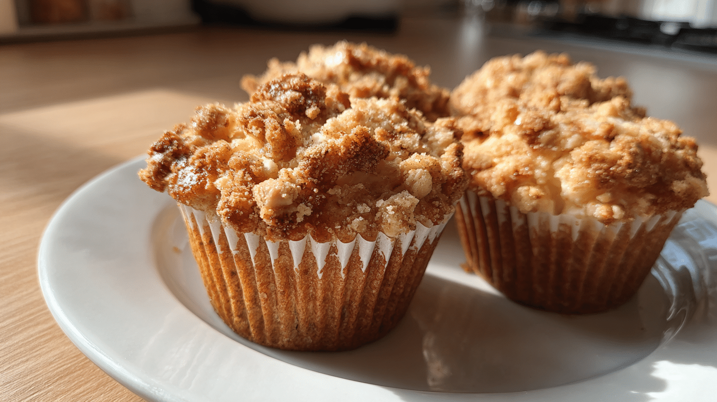 Golden cottage cheese apple crumble muffins with chunky oat streusel topping, arranged on white parchment paper, showing moist texture and diced apple pieces