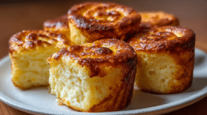 Six golden-brown keto cottage cheese rolls on a parchment-lined baking sheet, fluffy and freshly baked