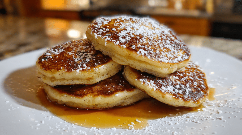 Stack of golden brown cinnamon-spiced cottage cheese oat pancakes on a white plate with fresh berries and maple syrup drizzle