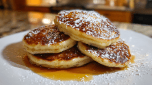 Stack of golden brown cinnamon-spiced cottage cheese oat pancakes on a white plate with fresh berries and maple syrup drizzle