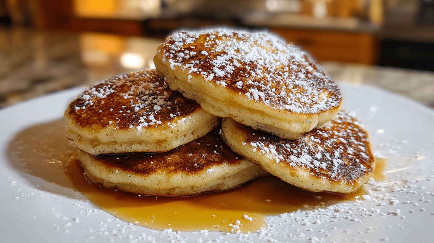 Stack of golden brown cinnamon-spiced cottage cheese oat pancakes on a white plate with fresh berries and maple syrup drizzle