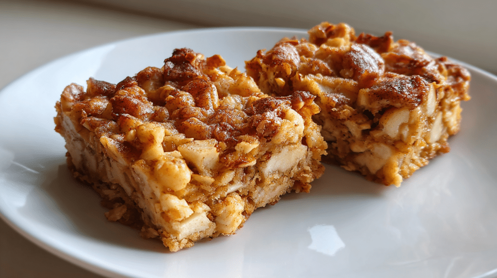 Golden cottage cheese apple pie bars cut into squares on parchment paper with diced apples and cinnamon visible