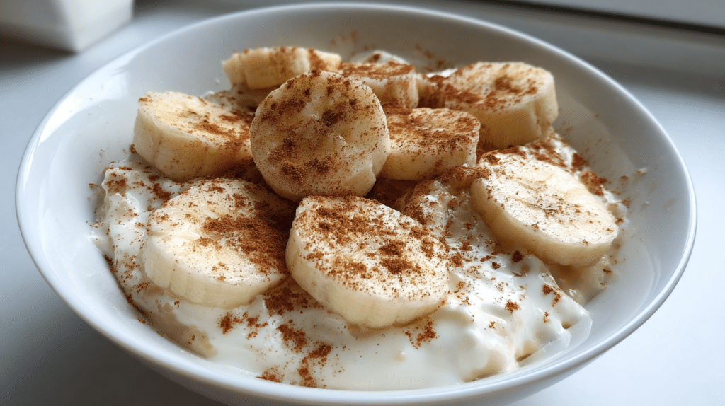 Golden baked banana cinnamon cottage cheese breakfast bowl in white ramekin topped with banana slices and chopped nuts on wooden table