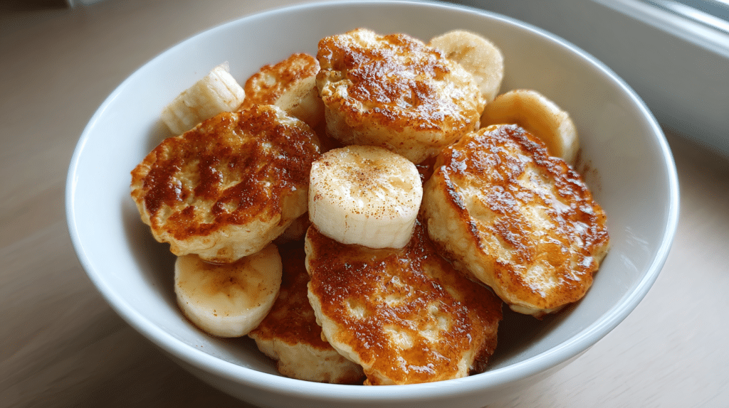 Golden-brown banana cinnamon cottage cheese pancake bites in mini muffin tin with fresh banana slices and cinnamon stick on wooden background