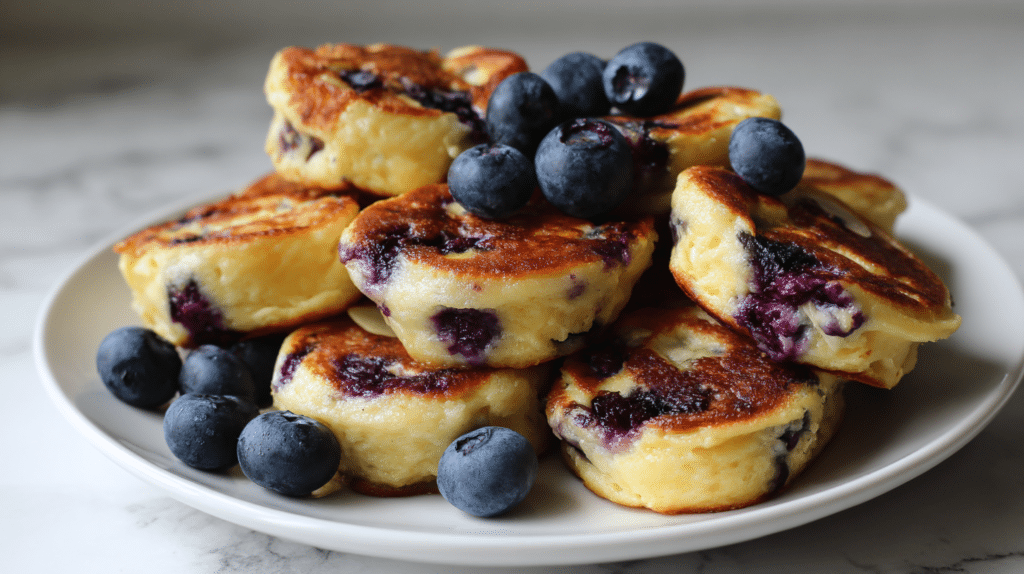 Golden brown blueberry cottage cheese pancake bites in a mini muffin tin with fresh blueberries scattered around, showing the fluffy texture and bursts of blueberries in each bite
