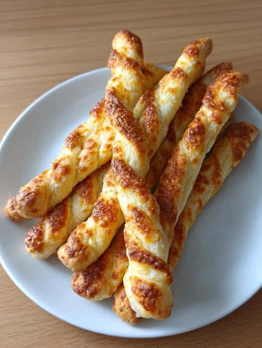 Golden brown 2-ingredient cottage cheese breadsticks twisted and baked until crispy, served on a white plate.