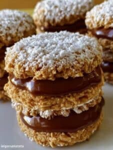 Alfajores integrales de avena y maicena rellenos de dulce de leche y decorados con coco rallado.