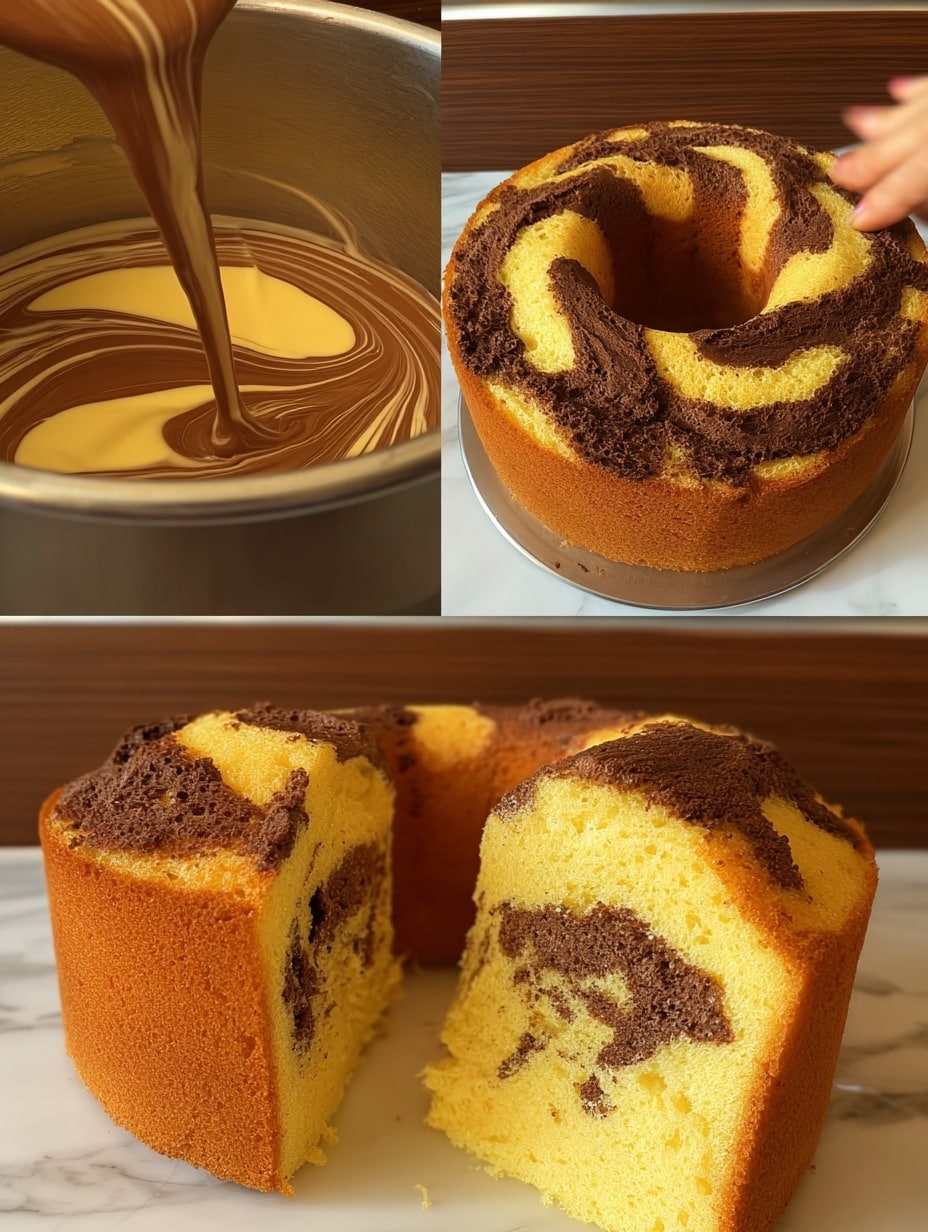 Bizcocho gigante con 1 taza, esponjoso y marmolado de vainilla y chocolate recién horneado en molde savarín.