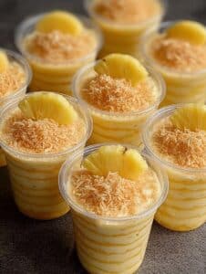 Vasitos individuales de carlota de piña colada decorados con coco tostado y rodajas de piña.