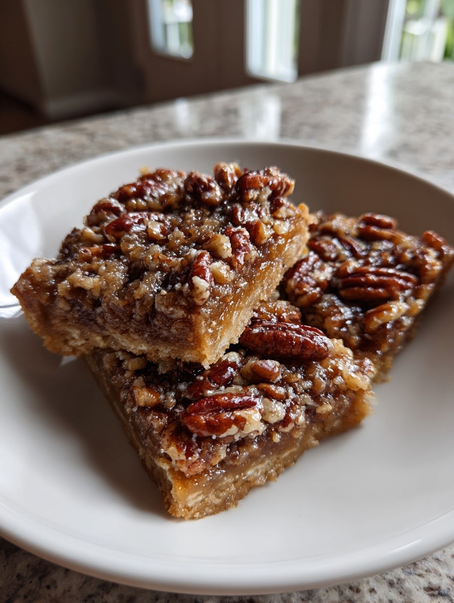 Homemade Cottage Cheese Pecan Pie Bars stacked on a white plate – healthy, protein-rich dessert with pecans