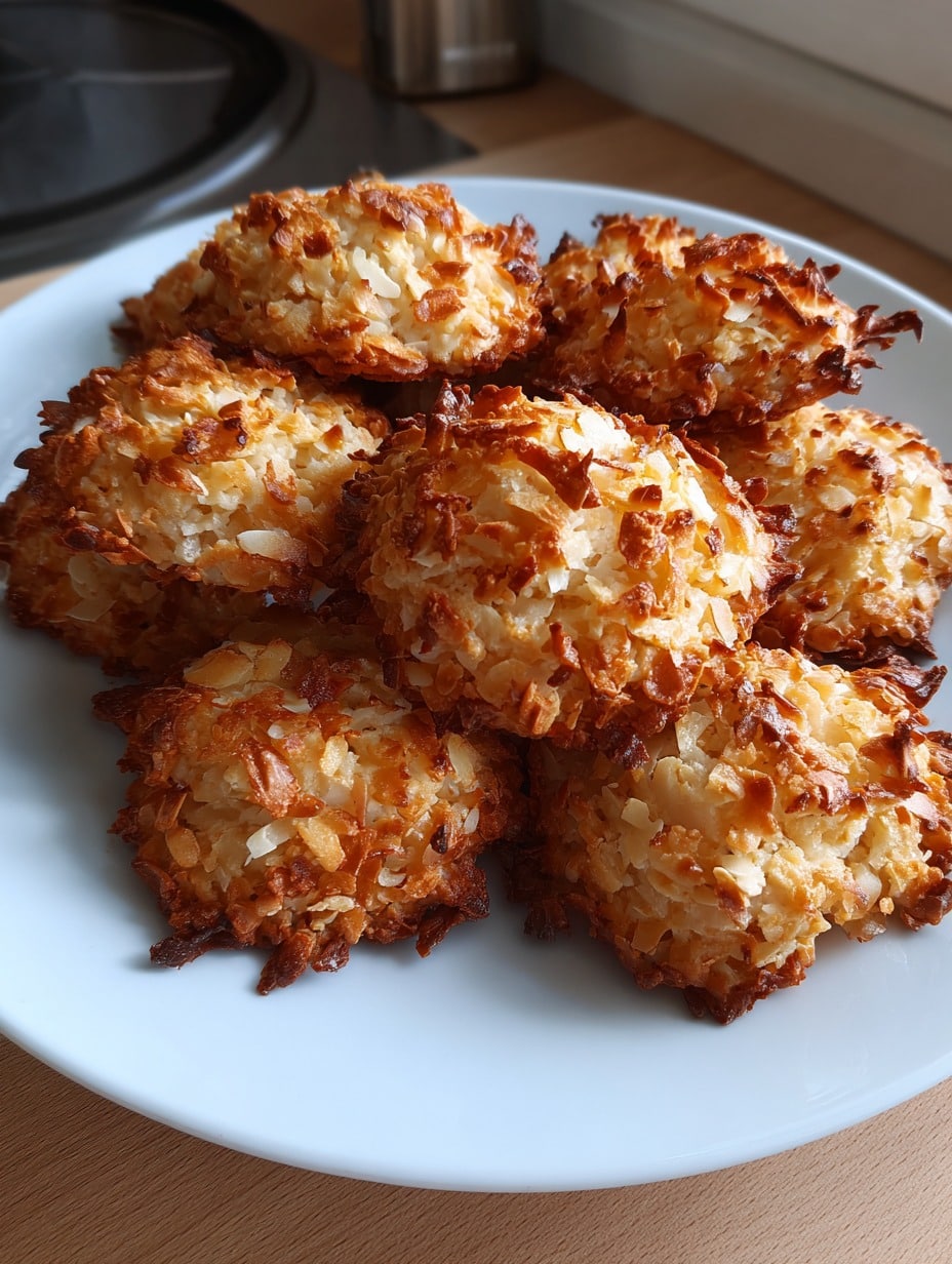 Galletitas crujientes y saludables de coco, limón y avena recién horneadas en un plato blanco.