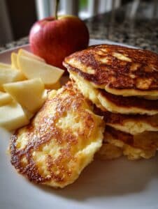 Hotcakes de manzana y cottage saludables, servidos con rodajas de manzana fresca.