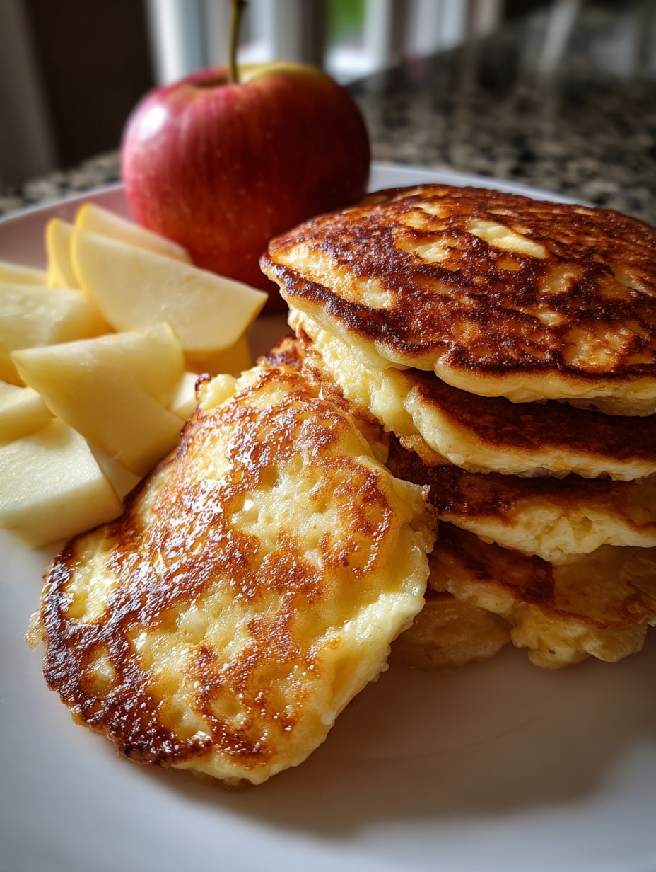Hotcakes de manzana y cottage saludables, servidos con rodajas de manzana fresca.