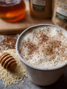 Taza de leche de ajonjolí casera con espuma y canela en polvo, junto a semillas de sésamo y miel natural.