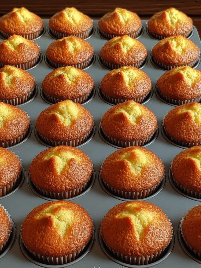 Magdalenas esponjosas de naranja recién horneadas en bandeja metálica.