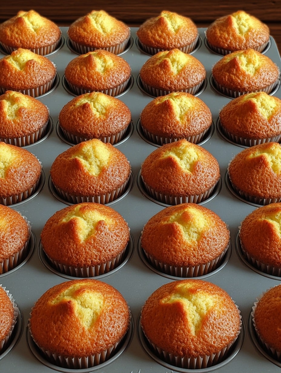 Magdalenas esponjosas de naranja recién horneadas en bandeja metálica.