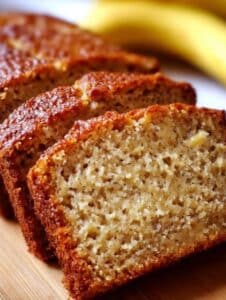 Rebanadas de pan de banana sin harina, mostrando una textura suave y dorada.
