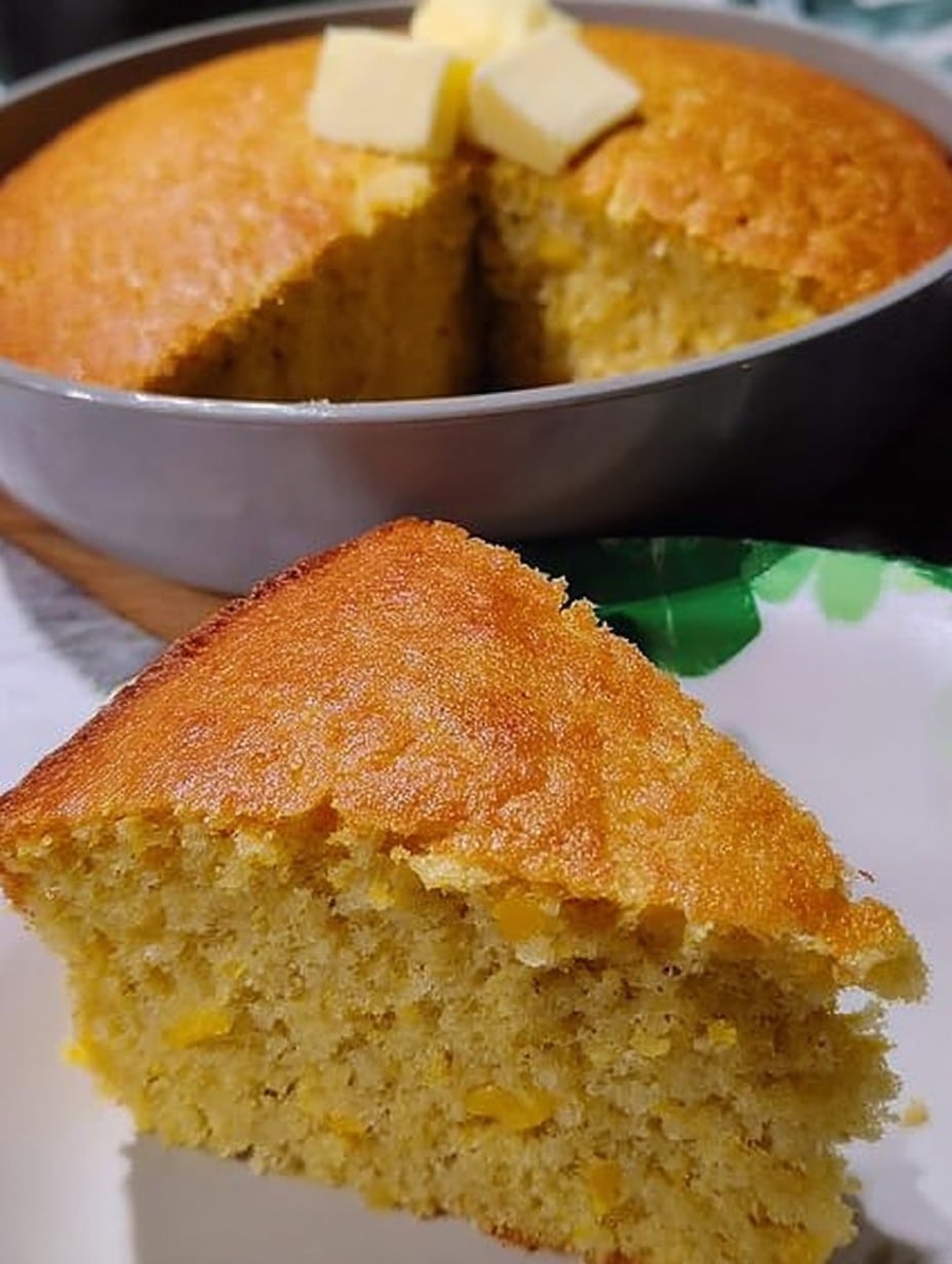 Pan de elote en licuadora recién horneado, esponjoso y dorado, servido en rebanada con trozos de mantequilla encima.