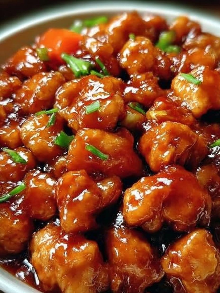 Pollo agridulce chino casero servido con salsa brillante y cebollín fresco.