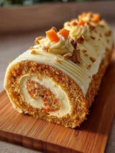 Rollo de pastel de zanahoria con relleno de queso crema, decorado con trozos de zanahoria y nueces.