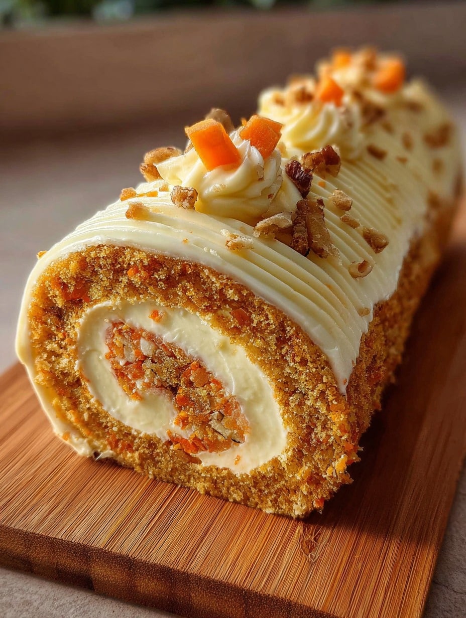 Rollo de pastel de zanahoria con relleno de queso crema, decorado con trozos de zanahoria y nueces.