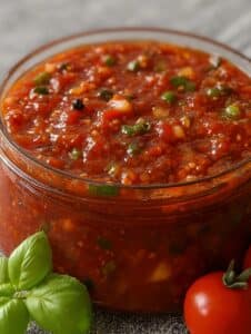 Salsa casera para pizza en un frasco de vidrio, con albahaca fresca y tomates al lado