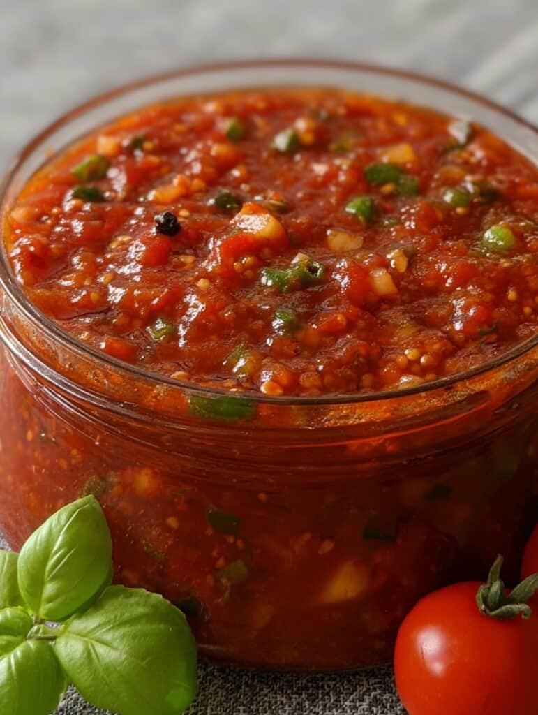 Salsa casera para pizza en un frasco de vidrio, con albahaca fresca y tomates al lado