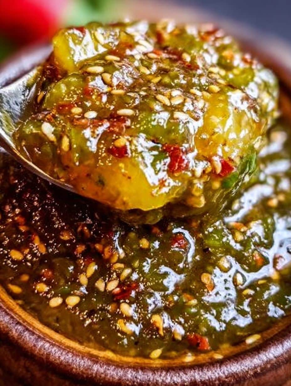 Salsa de piña y chipotle casera con semillas de sésamo, servida en un tazón de barro.