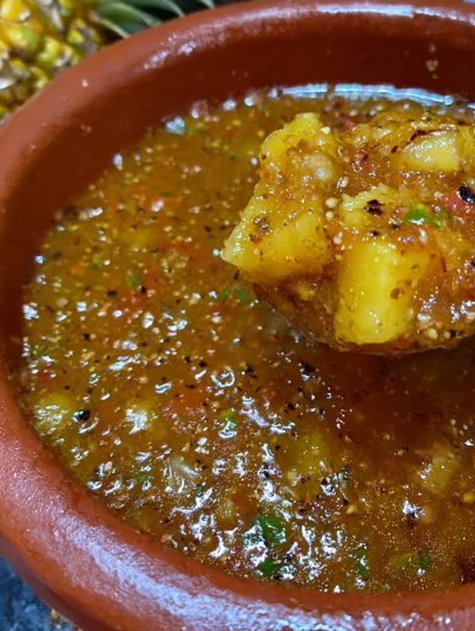Salsa de piña asada con trocitos de fruta y chile, servida en cazuela de barro mexicana.