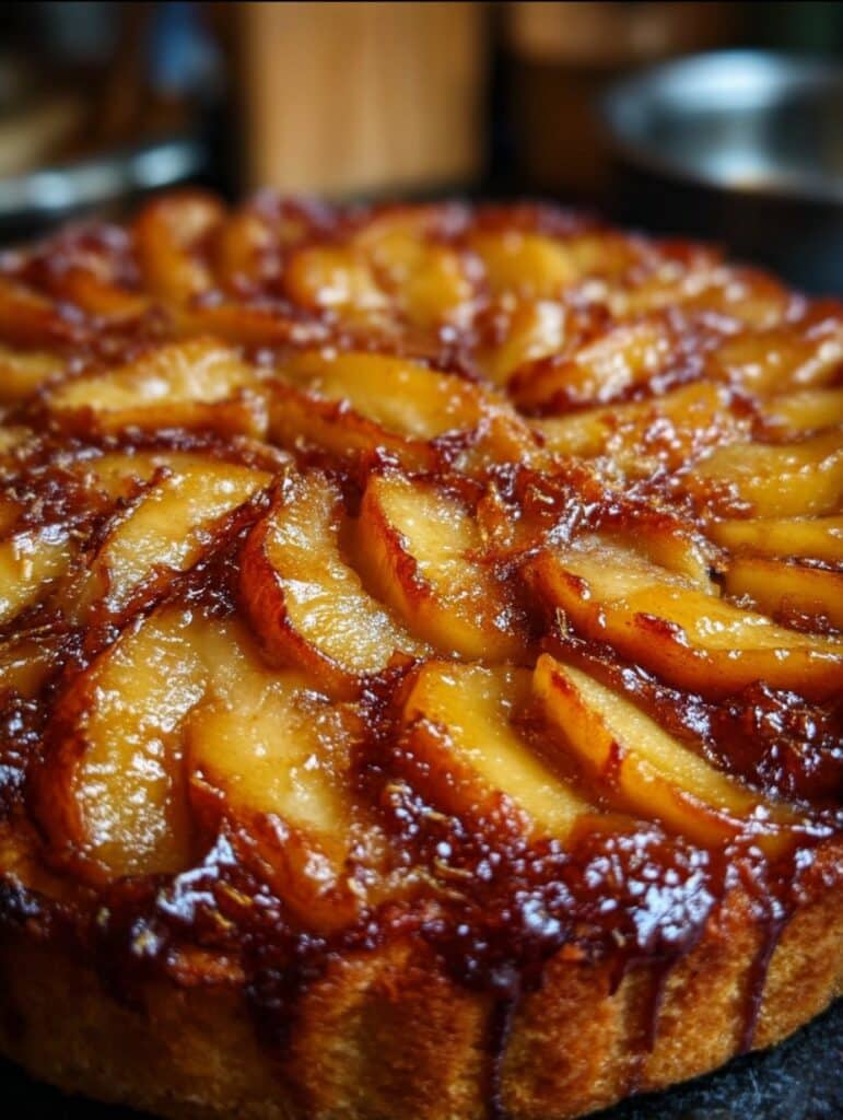 Tarta de manzana invertida casera, húmeda y caramelizada, lista para servir.