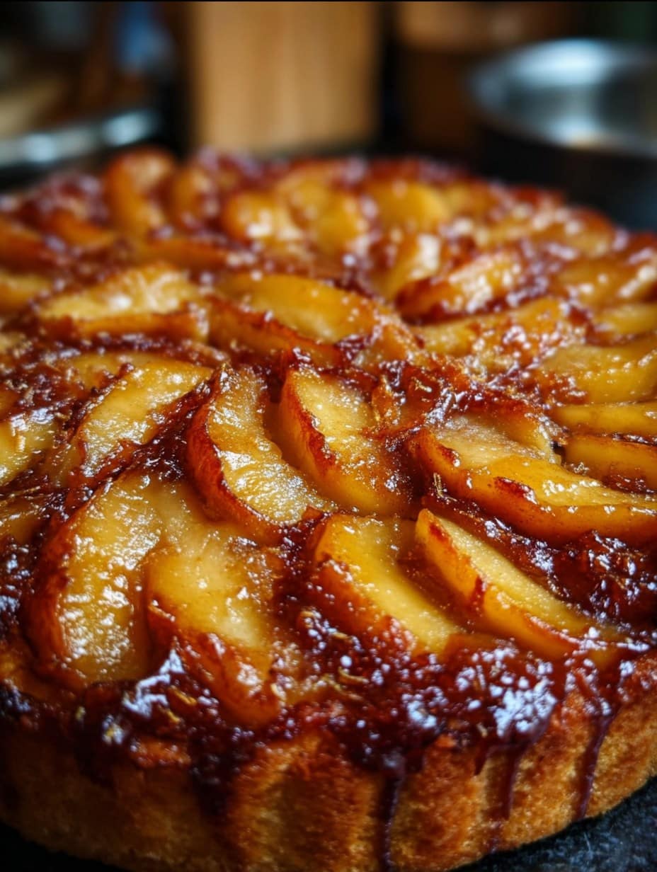 Tarta de manzana invertida casera, húmeda y caramelizada, lista para servir.