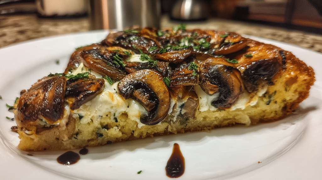 Golden cottage cheese pizza crust topped with sautéed mushrooms, melted mozzarella and truffle oil on parchment paper