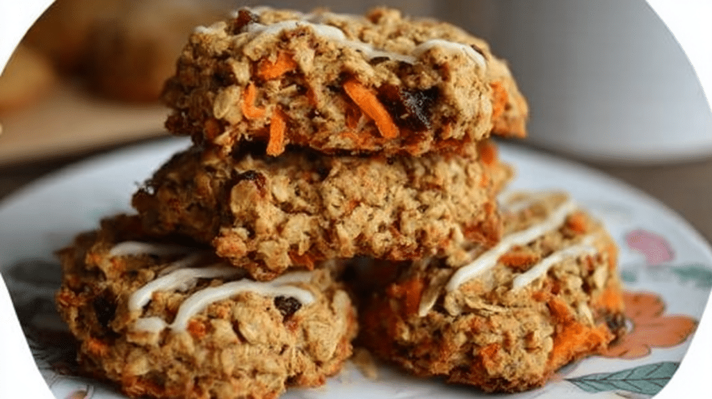 Carrot cake cottage cheese breakfast cookies on parchment paper with grated carrots and cinnamon nearby