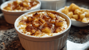 Golden baked apple cinnamon cottage cheese breakfast bowls in white ramekins with tender apple pieces and a light dusting of cinnamon on top