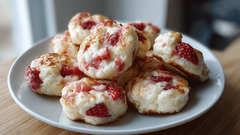 Golden brown strawberry vanilla cottage cheese pancake bites arranged on a white plate with fresh strawberries and a drizzle of maple syrup