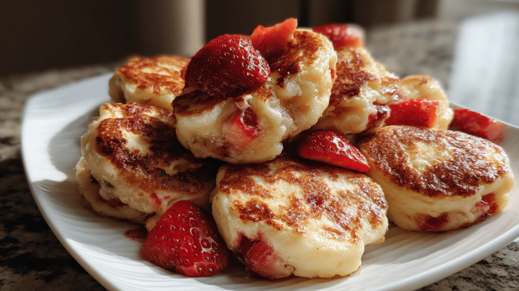 Golden brown mini strawberry banana cottage cheese pancake bites arranged on a white plate with fresh strawberries and banana slices, drizzled with honey