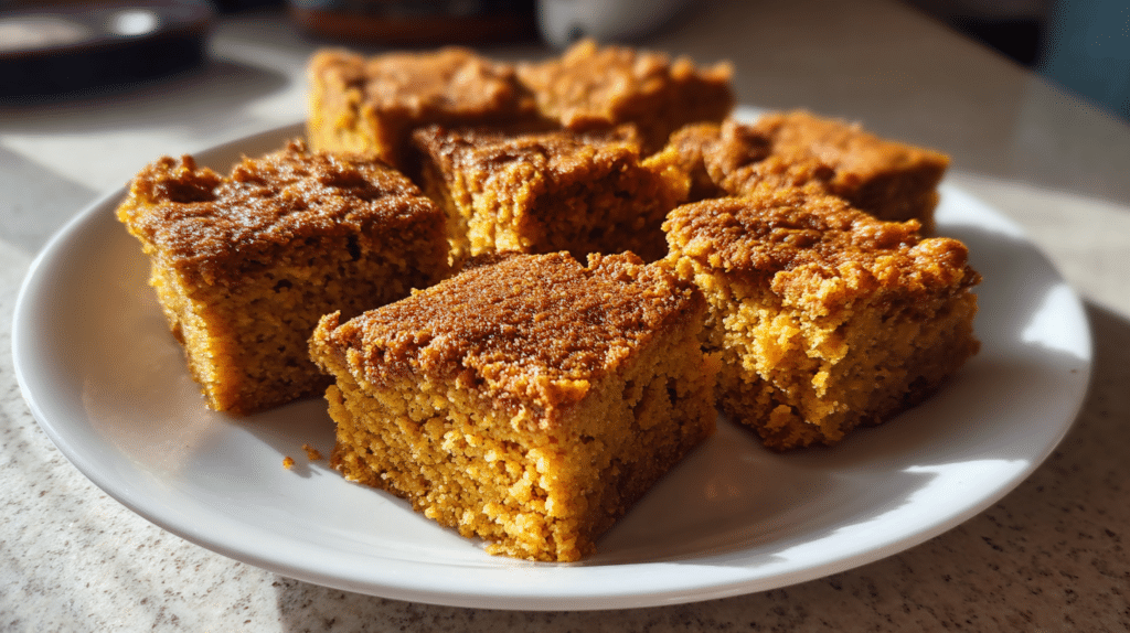 Golden brown cottage cheese pumpkin cake bars cut into squares on parchment paper, showing moist texture with warm spices visible on top