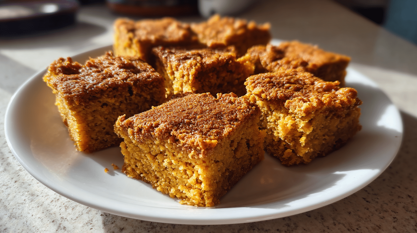 Golden brown cottage cheese pumpkin cake bars cut into squares on parchment paper, showing moist texture with warm spices visible on top