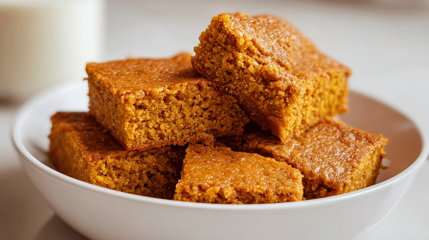 Golden cottage cheese pumpkin spice cake bars cut into squares on parchment paper with fall spices scattered around
