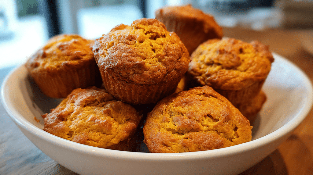 Freshly baked flourless pumpkin spice muffins on a cooling rack with autumn leaves and pumpkin decorations in the background