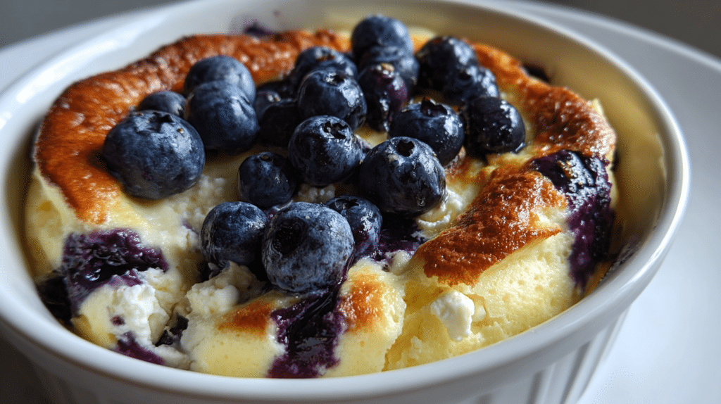 Baked blueberry cottage cheese breakfast bowl with golden top and fresh blueberries in white ramekin