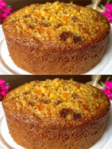 Pastel de avena con manzana, zanahoria, pasas y albaricoques secos, sin azúcar ni harina.