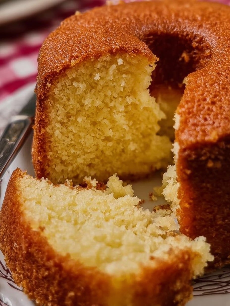 Bizcocho casero esponjoso y dorado recién horneado, con una textura suave y aireada.