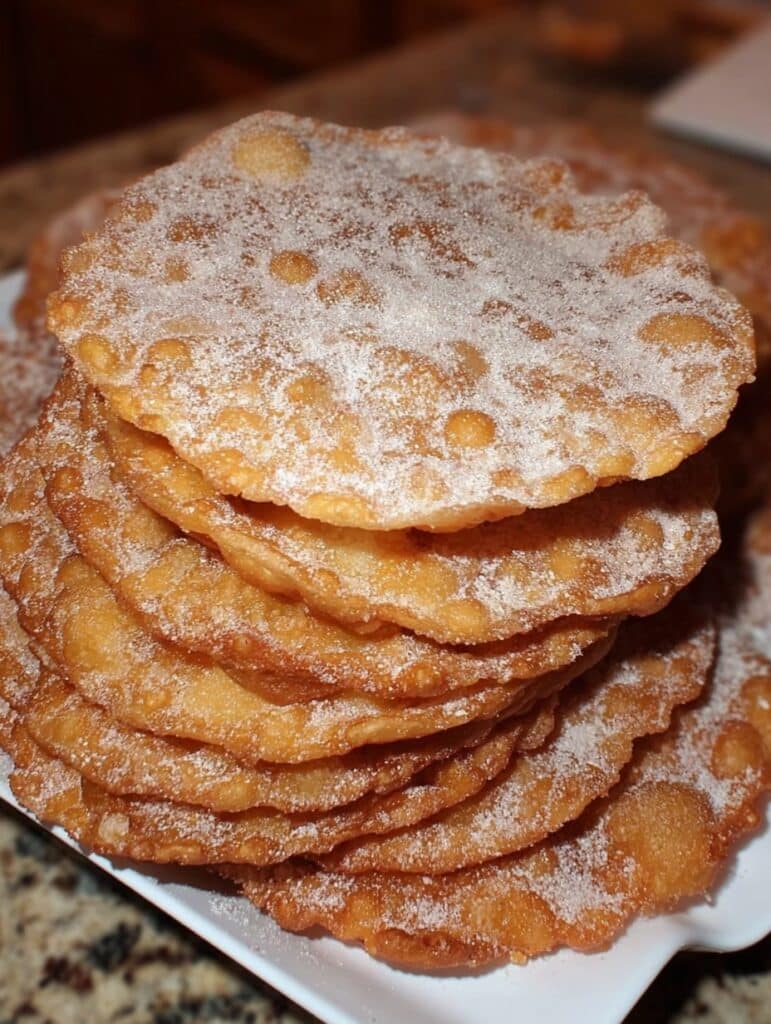 Buñuelos caseros dorados y espolvoreados con azúcar sobre un plato blanco