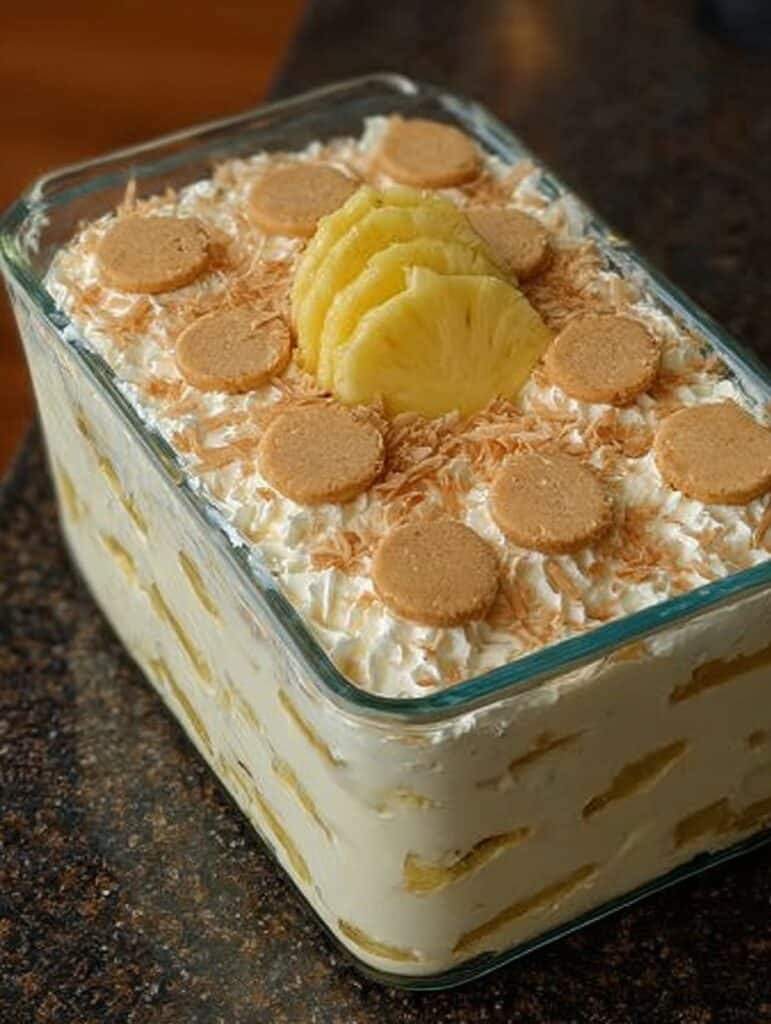 Carlota de piña colada en refractario de vidrio, decorada con galletas de coco, rodajas de piña y coco tostado encima.