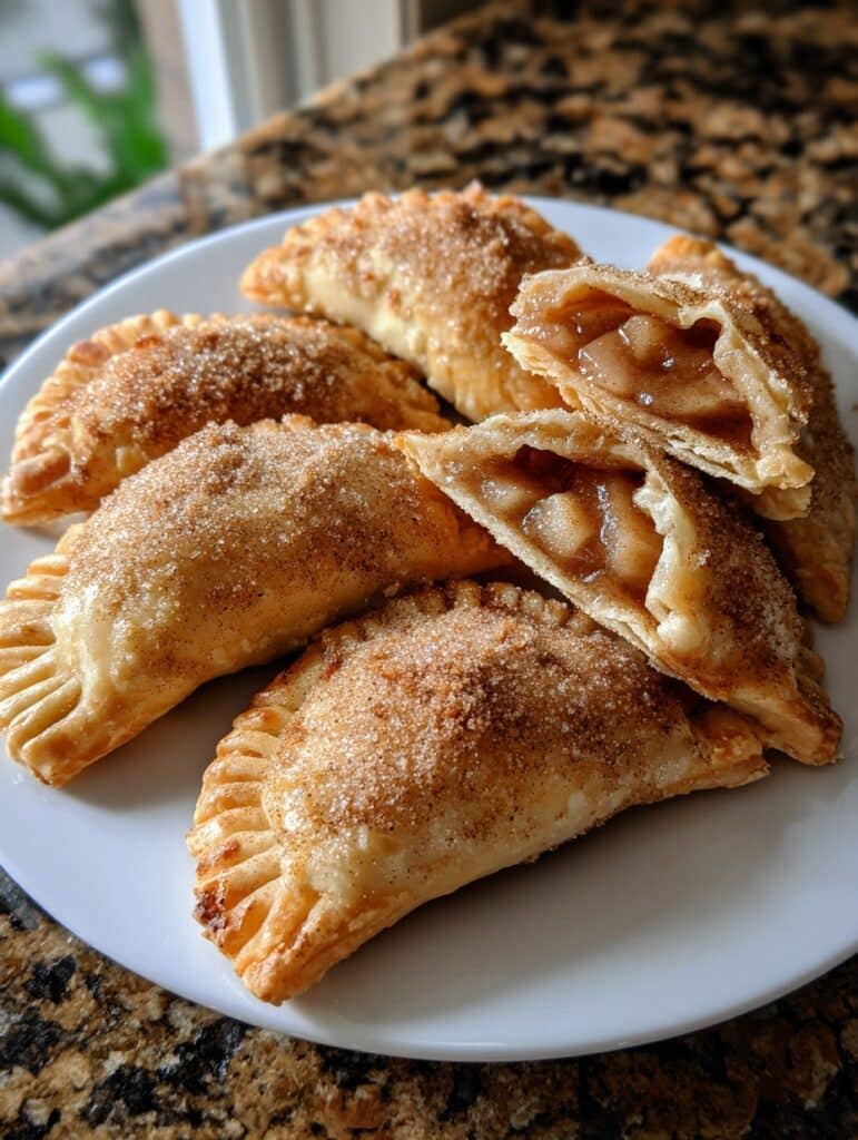 Empanaditas de manzana y canela caseras servidas en un plato blanco, espolvoreadas con azúcar y canela, con relleno de manzana caramelizada visible.