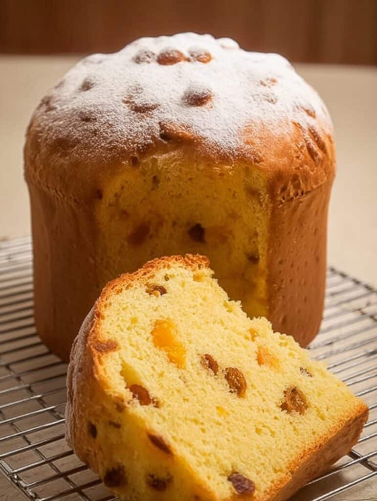 Panettone casero en licuadora con frutas secas, esponjoso y espolvoreado con azúcar impalpable.