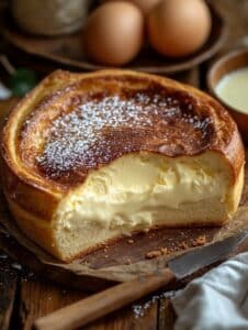 Panqué de queso crema casero con relleno cremoso y corte mostrando su textura suave y esponjosa